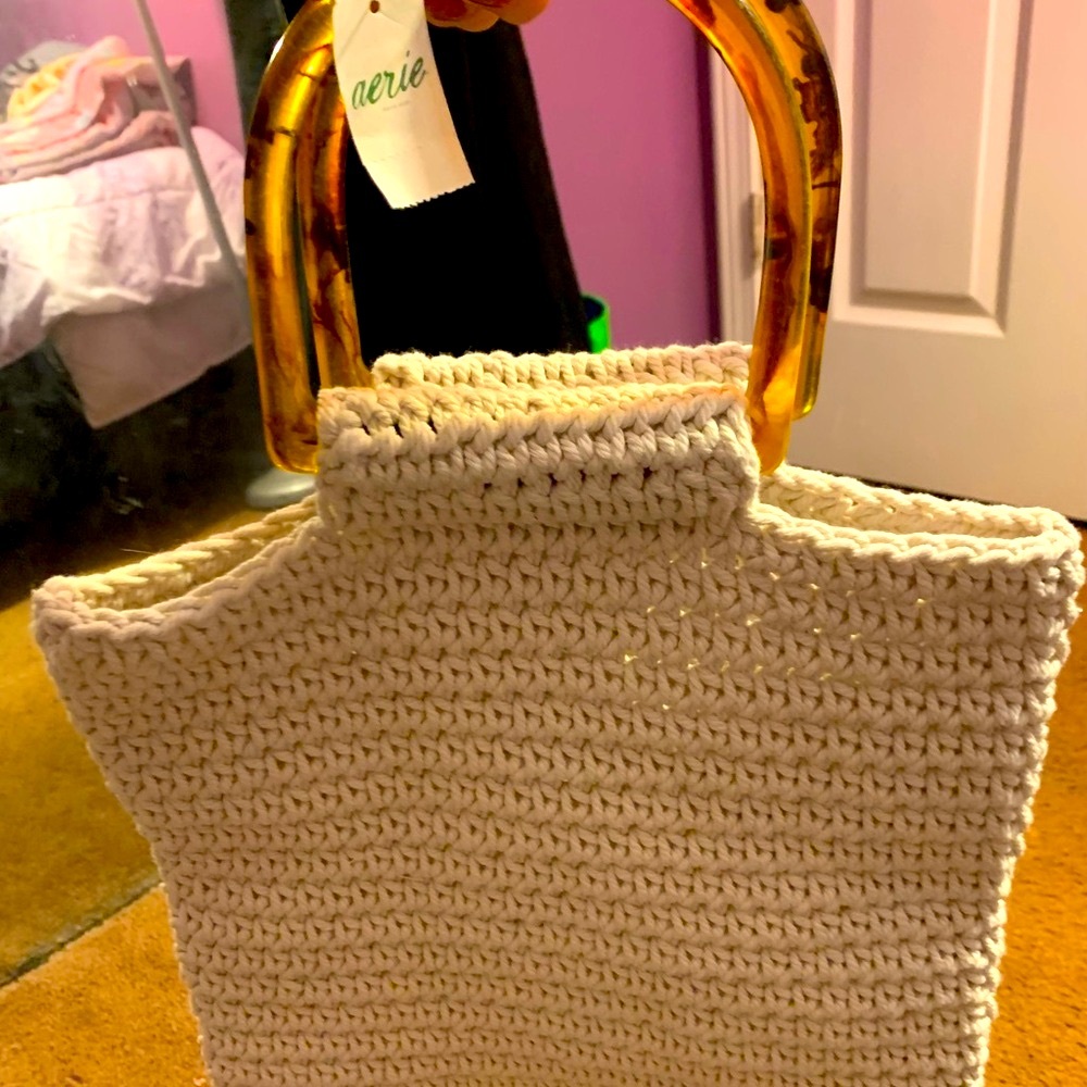 Aerie Cream Crochet Bag with Tan Handles